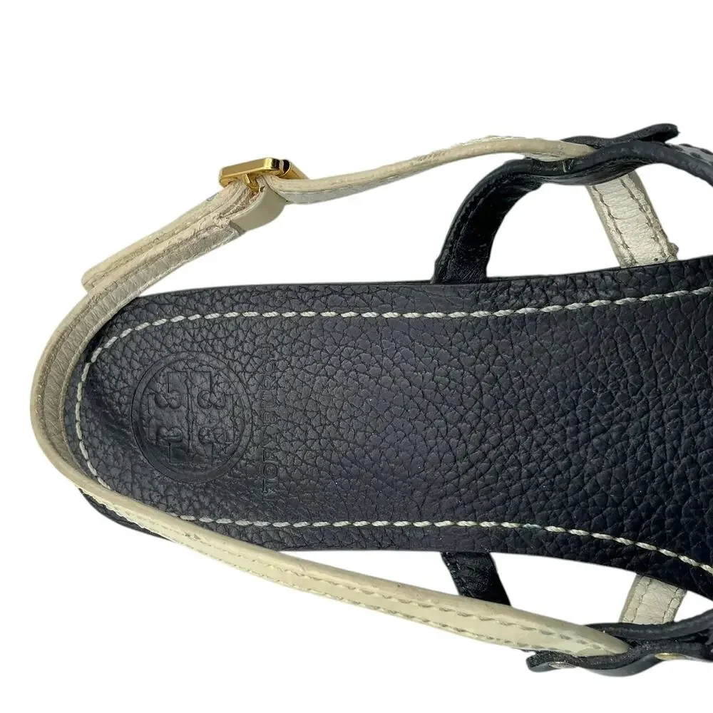 Tory Burch Kailey Bow Strappy Sandal Leather Black Cream Logo 10‎